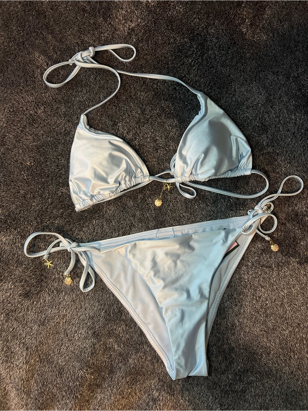 wild fable Light Blue Tie-Side Triangle Bikini Set with Gold Shell Charms